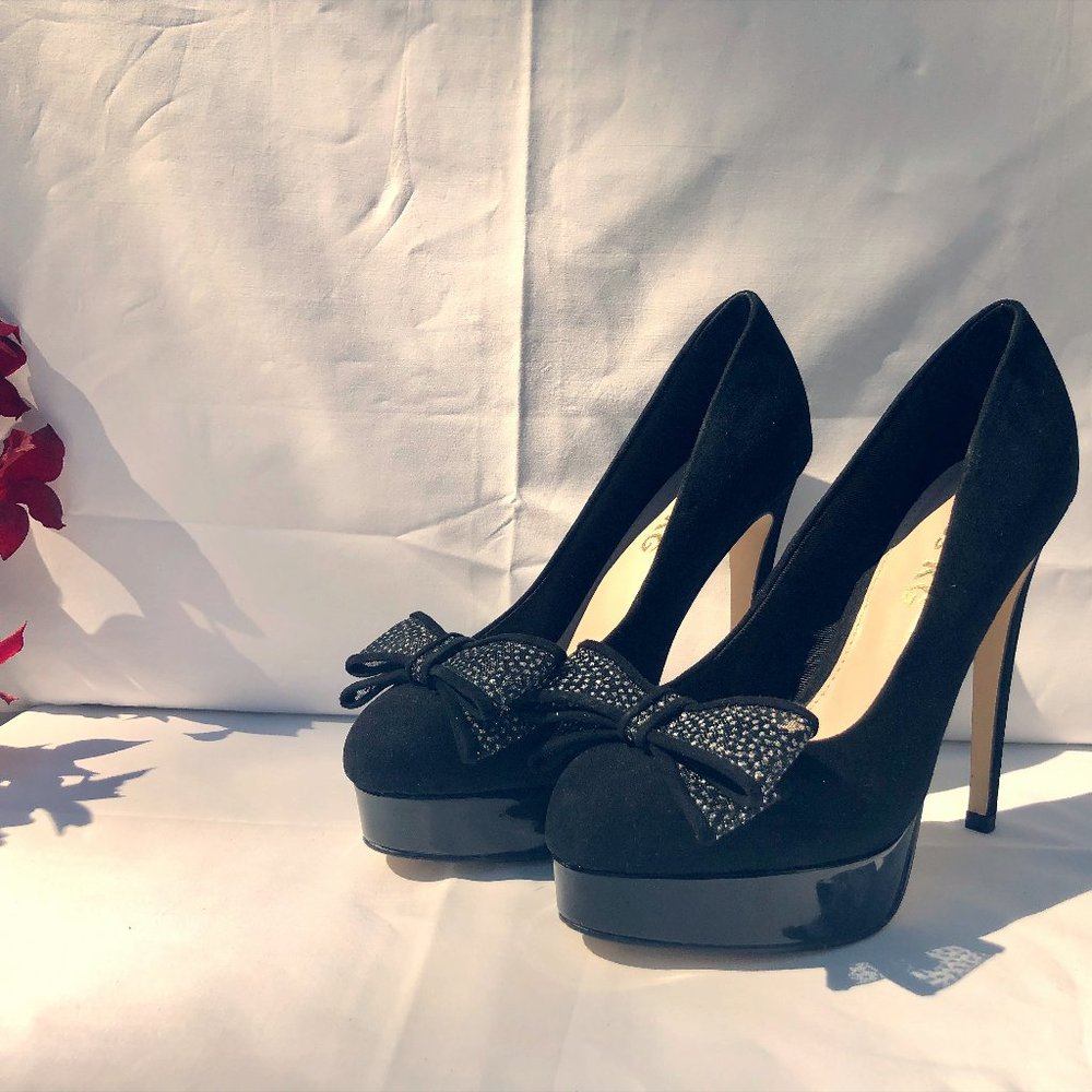 Miss KG Black Suede Platform Pumps w/bling bow